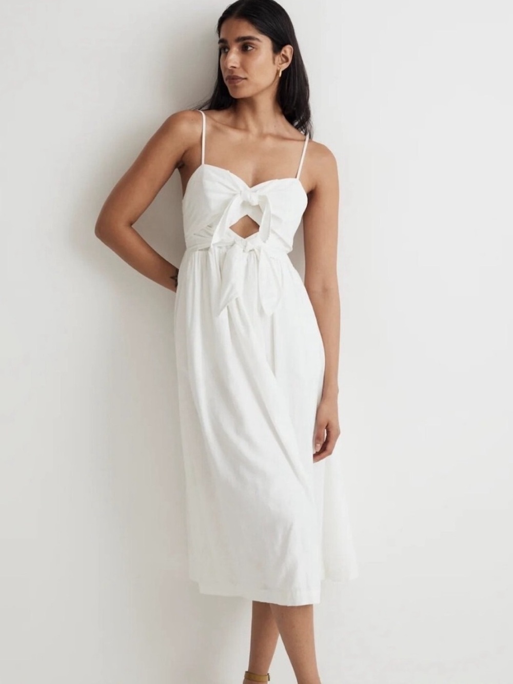 Madewell White Linen Blend Midi Dress Sweetheart Cutout Tie Back 10